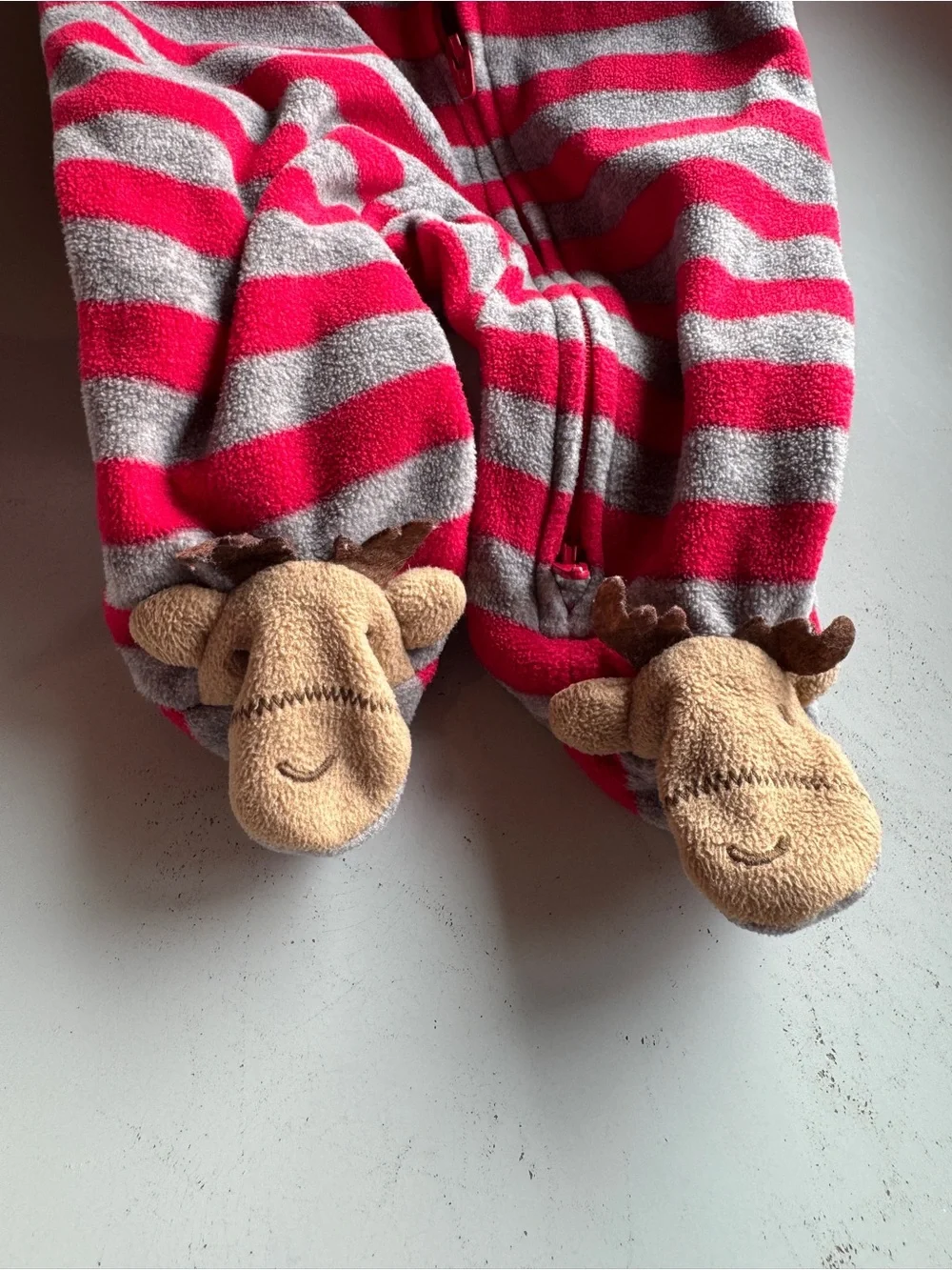 Carter's Red & Gray Striped Moose Footed Fleece One-Piece